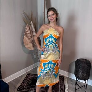 Misa Los Angeles Blue and Gold Halter Sundress Midi